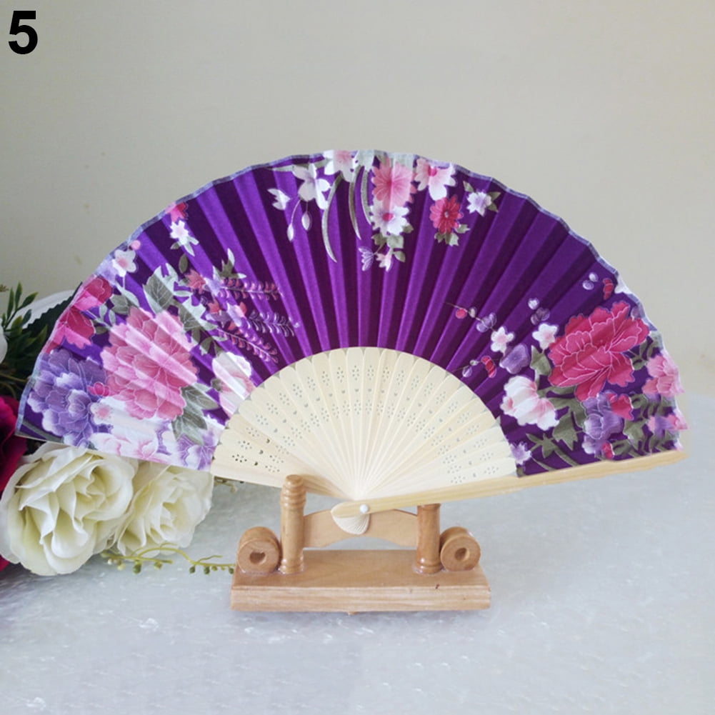 EG_ Retro Classical Folding Hand Held Flower Pocket Wood Fan Desk Decor Happy 