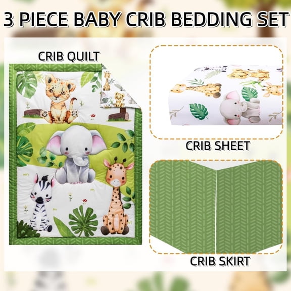 Baby Crib Bedding Set Safari Neutral Nursery Comforter with Fitted Sheet and Bed Skirt for Boys Girls