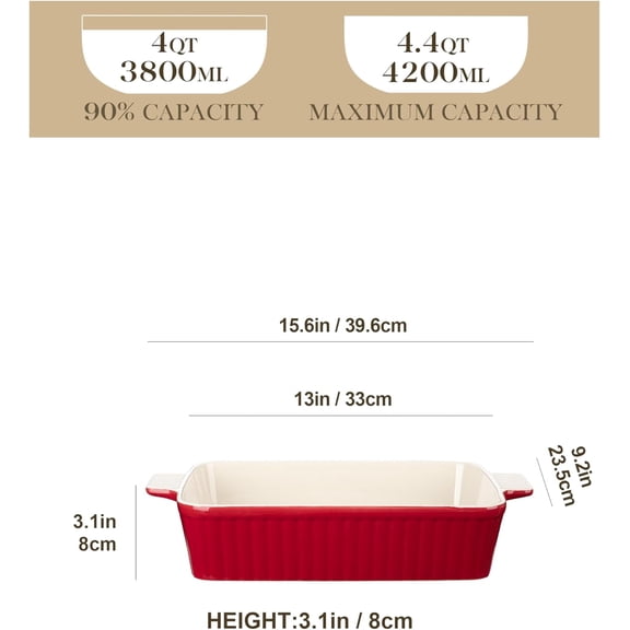4.4 QT Large Baking Dish, Ceramic Casserole Pan with Handles for Oven, Microwave Safe, Red
