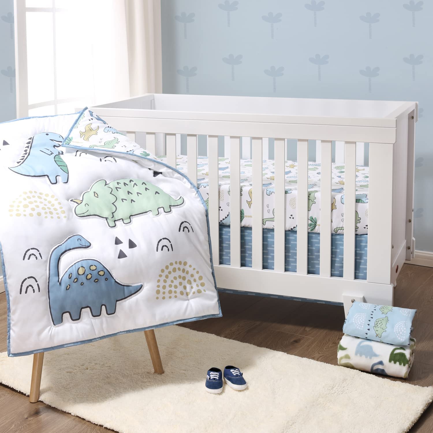 5 Piece Baby Crib Bedding Set for Boys - Newborn, Infant & Toddler Nursery Bed Set Decor with Fitted Crib Sheets, Blanket, Dust Ruffle Comforter - Blue Dino