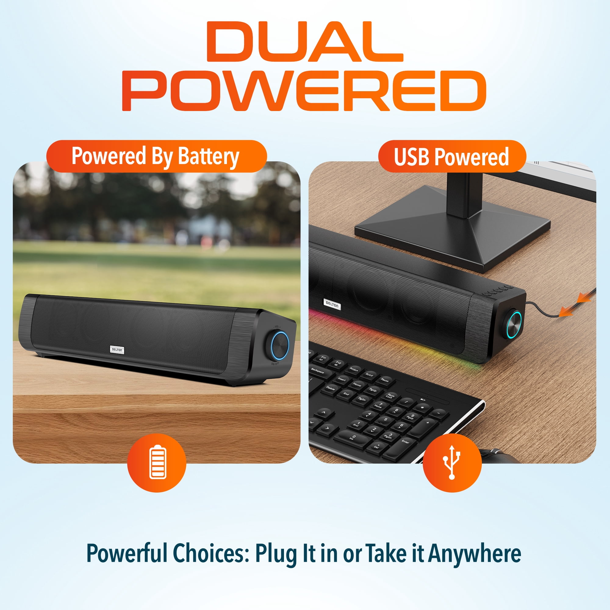 Delton SB200 20W Bluetooth Soundbar, Dual-Powered Hi-Fi Stereo Computer Speakers with Rich Bass, 10Hrs Playtime, 30ft Bluetooth Range, Aux Connection Perfect for Windows, PC, Laptops, Phones - Black