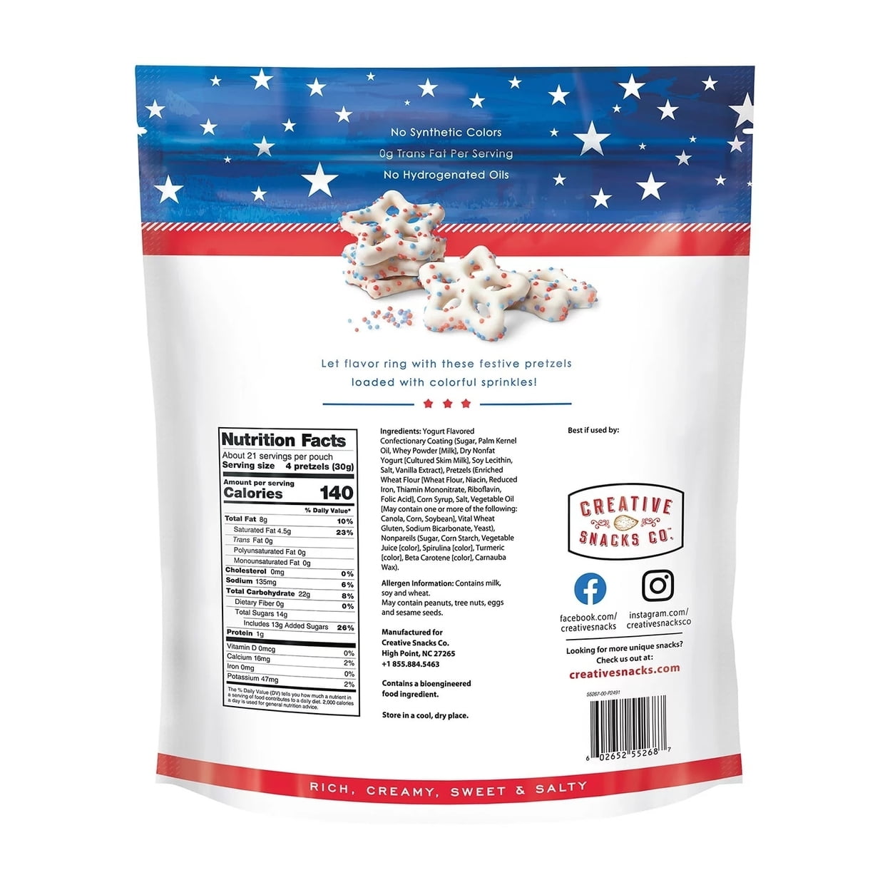 Creative Snacks Co. Stars and Stripes Yogurt Flavored Dipped Pretzels 22 Ounce