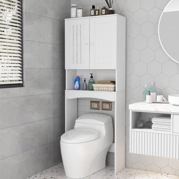 Over-the-Toilet Storage Cabinet, Home Bathroom Floor Standing Organizer with Double Doors and Storage Shelves, Space Saving Toilet Cabinet for Soaps, Shampoos, Body Wash, Bath Towels, White, D4697