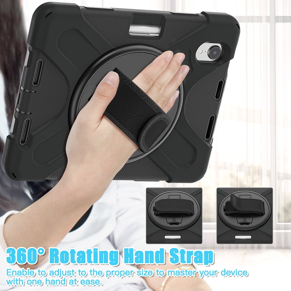 For Apple iPad Mini 6 (2021) Heavy Duty Rugged Hybrid with Kickstand, Shoulder Hand Strap, Pencil Holder Shockproof Full Protective Cover ,Xpm Phone Case [Black]