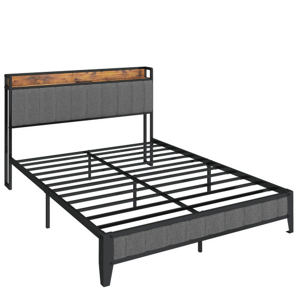 US Queen Size Bed Frame Charging Station Upholstered Headboard Metal Platform