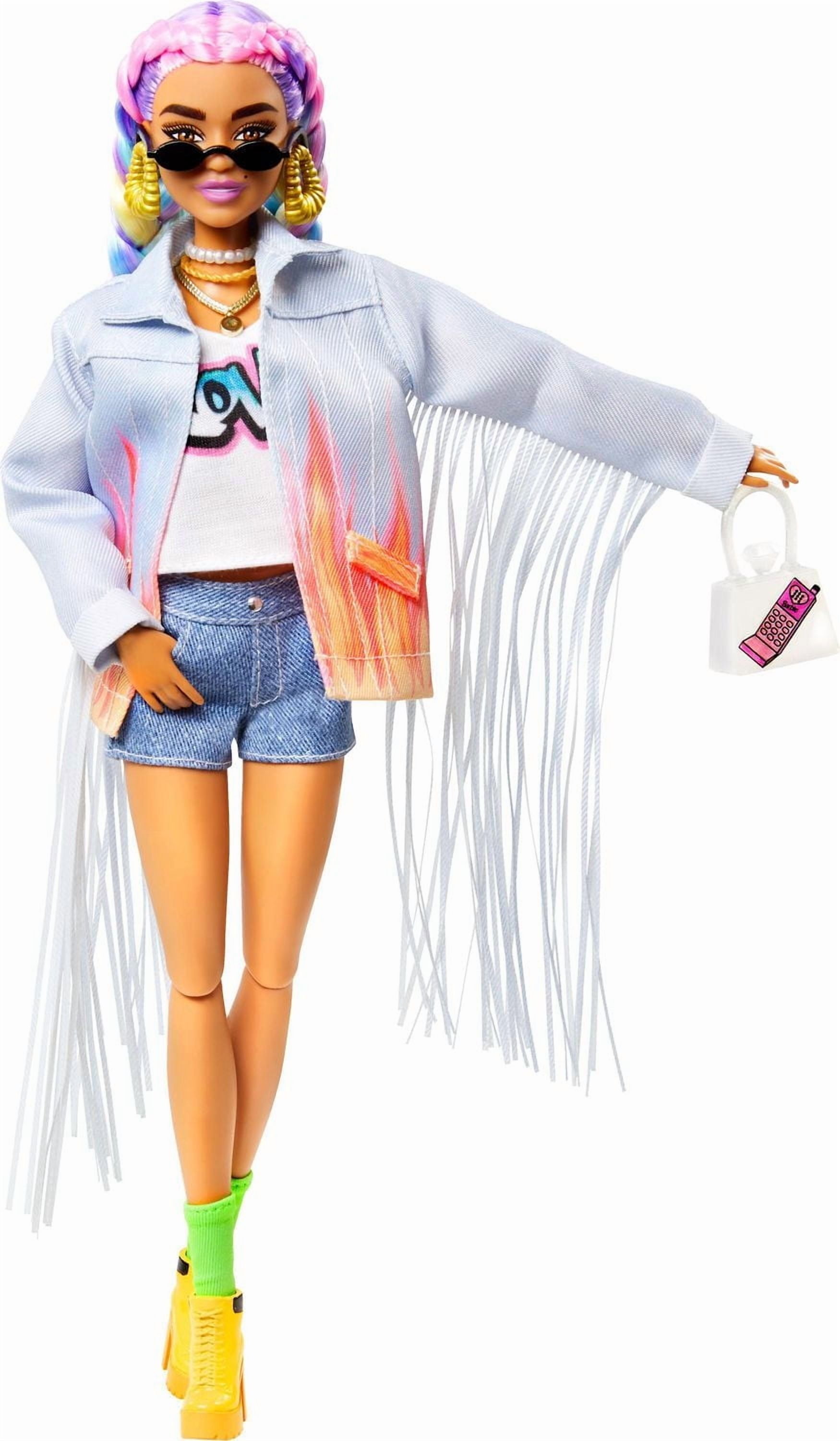 Barbie Extra Doll #5 in Long-Fringe Denim Jacket with Pet Puppy, Rainbow Braids, Layered Outfit & Accessories Including Car for Pet, Multiple Flexible Joints, Gift for Kids 3 Years Old & Up