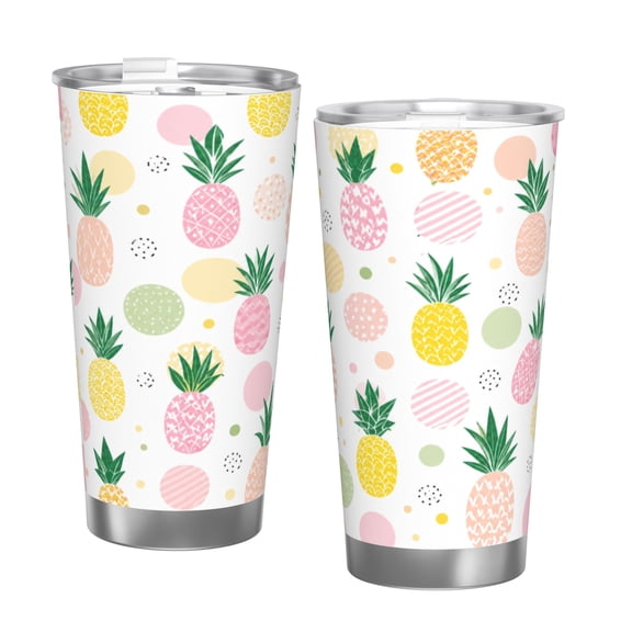 Cute Pineapple Pattern 20oz Insulated Tumbler Tropical Fruit Travel Cup with Handle and Straw Lid with Single Silver Rim