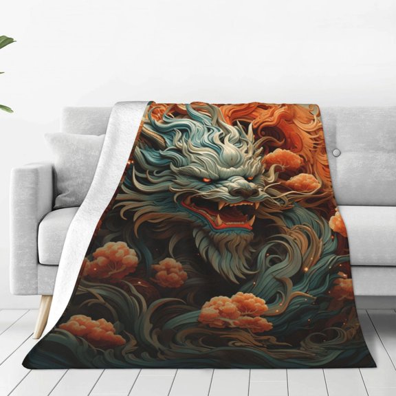 Ultra-Soft Flannel Fleece Blanket 40x30, Anti-Pilling Throw Blanket, for Couch Bed Sofa Travel Camping , Chinese Dragon Cool Art