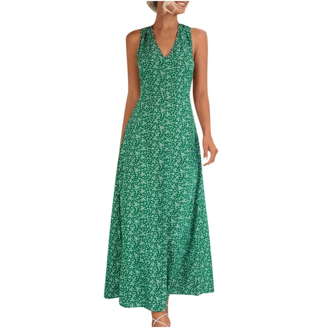 RKSTN Robe d'Été pour Femmes, Mode Décontractée Col en V Sans Manches Robe Imprimée Robes de Plage Robes Grande Taille pour Femmes