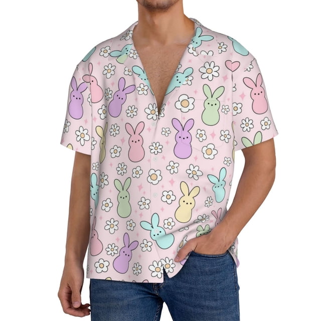 Fotbe Colorful Bunny Camisa Estampada de Manga Corta para Hombre, Casual de Verano, Estilo Playero, Sin Arrugas-3X-Large