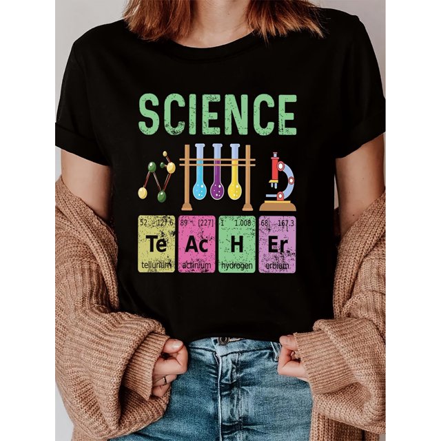 Women'S Polyester Crew Neck T-Shirt with Science Element Alphabet Pattern - Casual Short-Sleeve Round Neck Tee for All Seasons