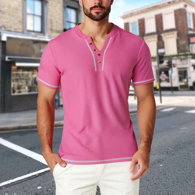 pstuiky camisetas camisas para hombre, Camisa informal de verano para hombre, de manga corta, color liso, con cuello en V y bolsillo camisetas de hombre l