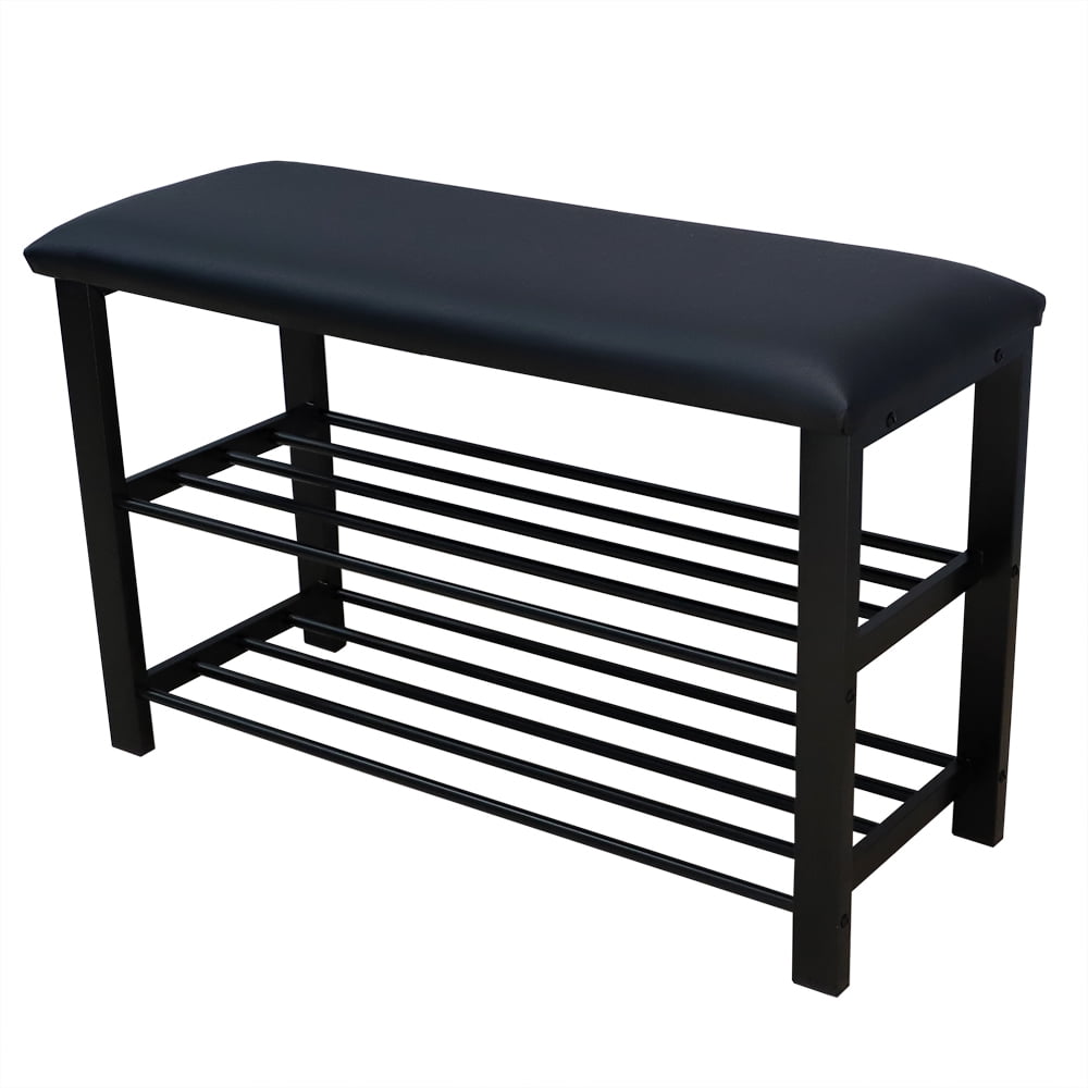 Home Basics 2Tier Cushioned Storage Bench with Shoe Rack, Steel, Black