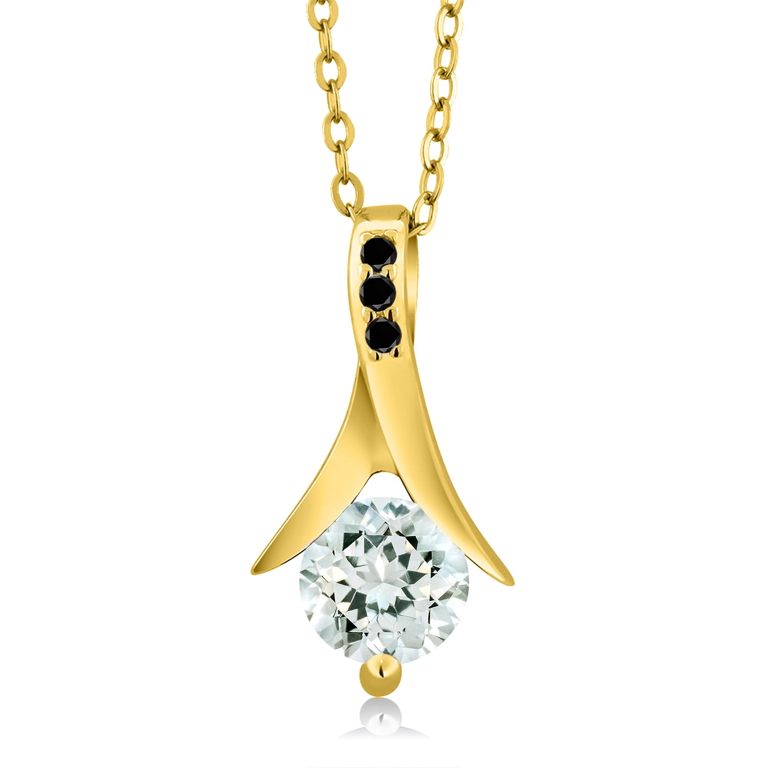 Gem Stone King 0.80 Ct Sky Blue Aquamarine Black Diamond 18K Yellow Gold Plated Silver Pendant with Chain