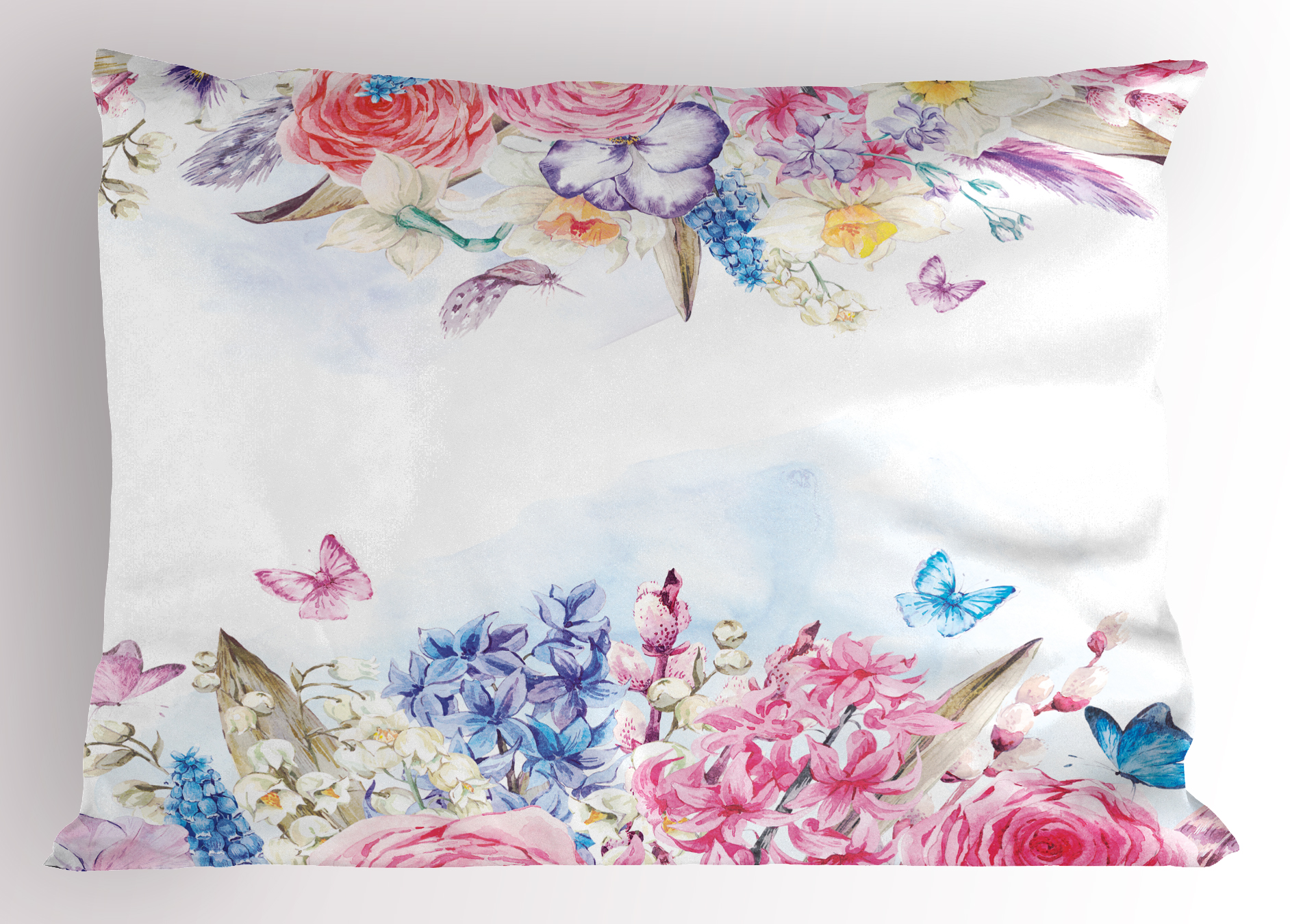 Shabby Chic Pillow Sham Romantic Garden Roses Flowers Daisies Leaves Print, Decorative Standard