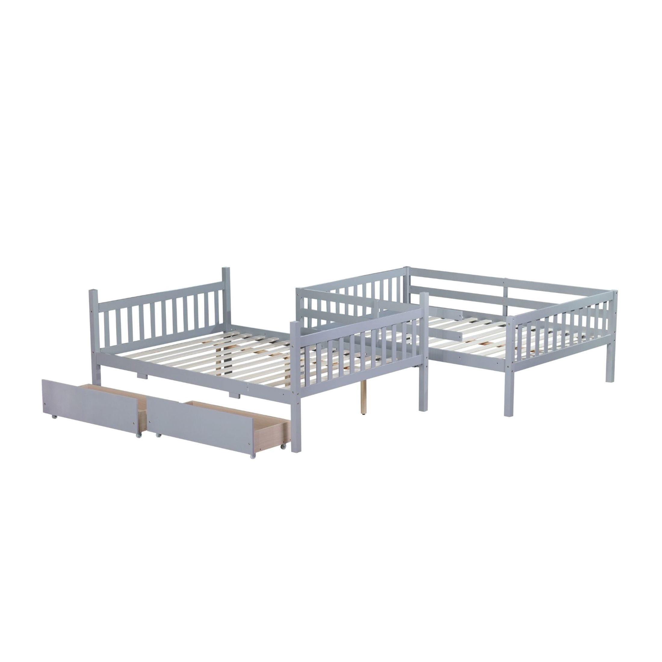 Noble House Full Over Full Rubber Wood Bunk Bed, Convertible Design with 2 Storage Drawers, Guardrails & Ladder, Grey