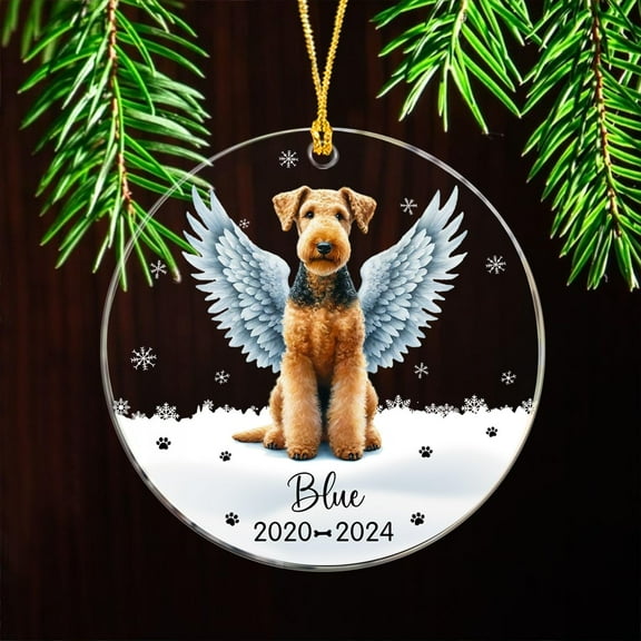 Airedale Terrier Personalized Angel Wings Ornament, Memorial Acrylic Christmas Tree Decor, Sympathy Gift for Dog Lovers