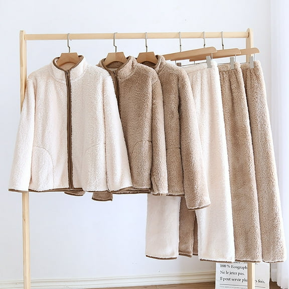 Feancey Womens Warm Comfy Pajama Sets Winter Fuzzy Fleece Pjs Set for Women Zip Up Stand Collar Sleepwear and Loose Pants Loungewear Two Piece White M