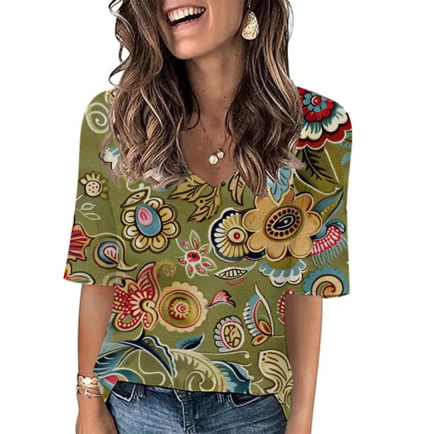 Fiudx Liquidación de Ofertas Flash Camiseta de Manga Corta con Cuello En V Estampada Informal a La Moda para Mujer