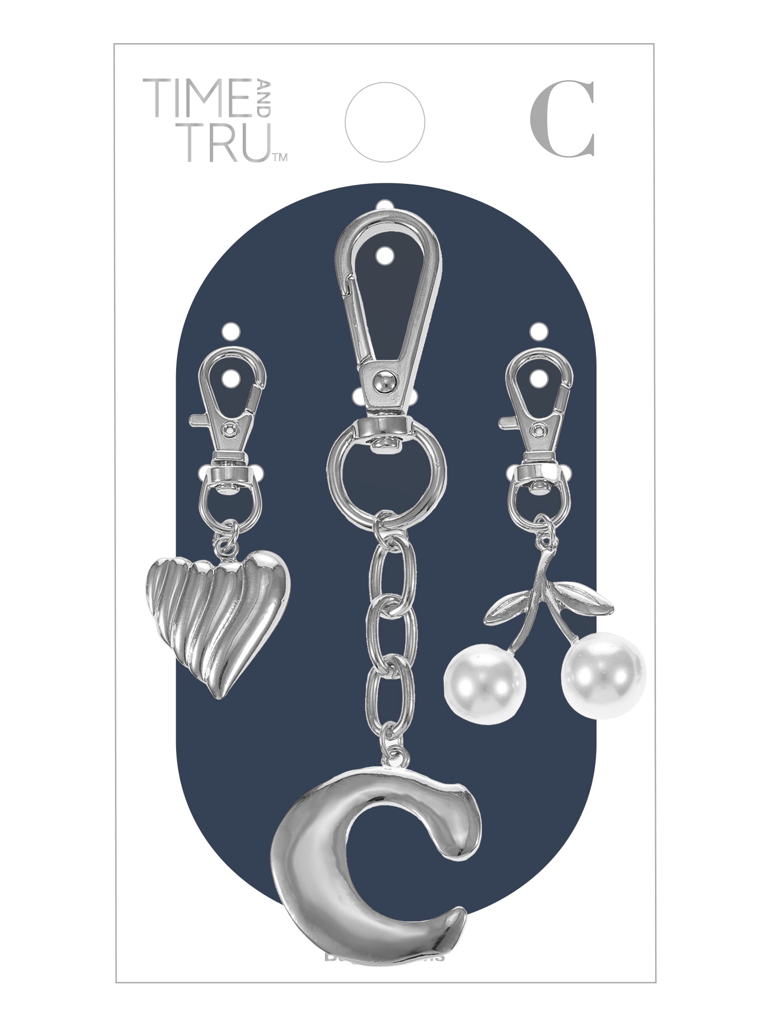 Time and Tru Silvertone Initial Letter Bag Charm Set, 3 Pieces, Letter C