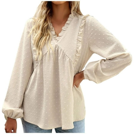 

Womens Crochet Tops Lantern Sleeve Hide Belly Tunic V Neck Pleated Loose Blouse Casual Shirts to Wear with Jeans