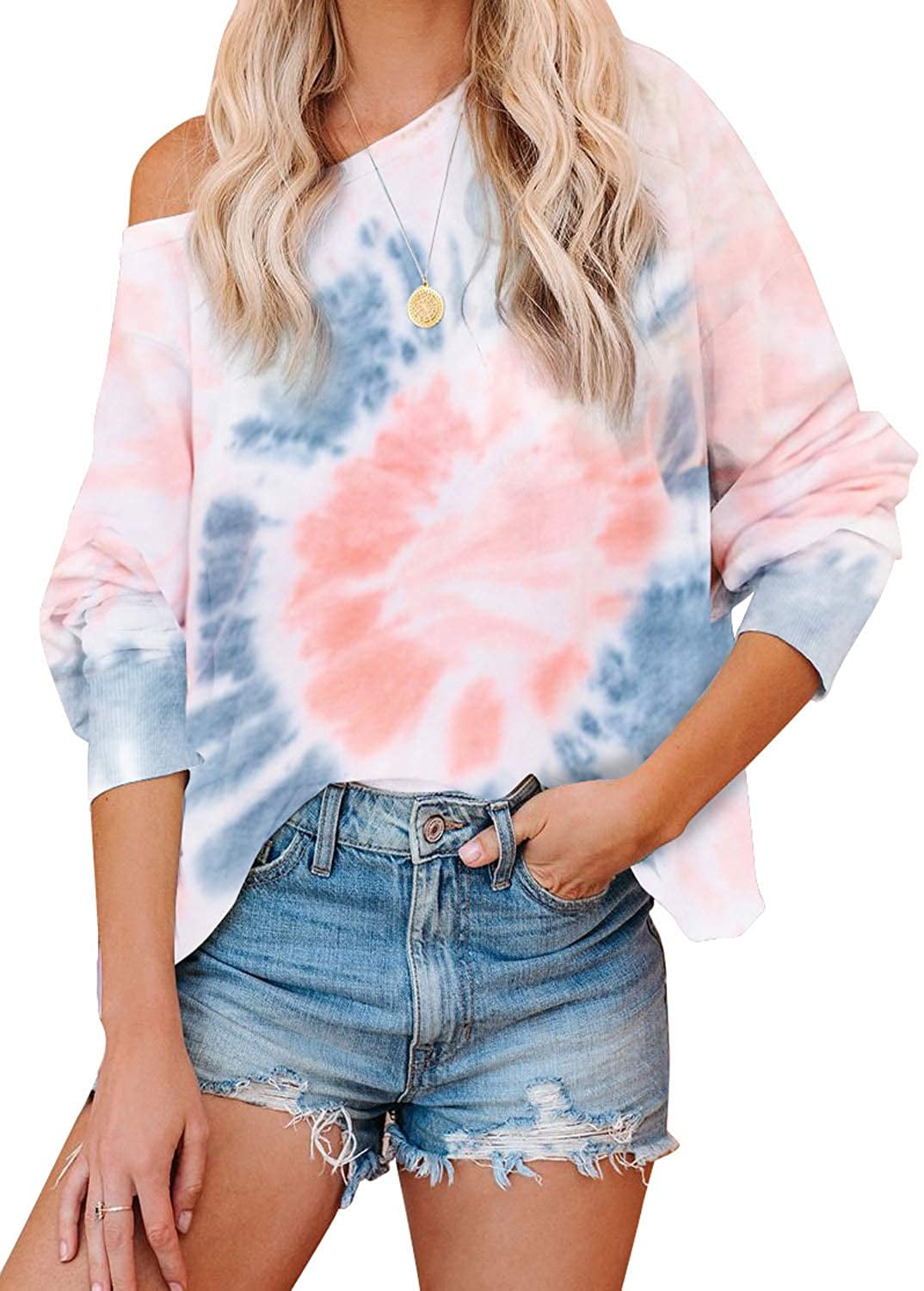 Womens Casual Crewneck Tie Dye Sweatshirt Striped Printed Loose Soft Long Sleeve Pullover Tunic Tops Shirts Plus Size