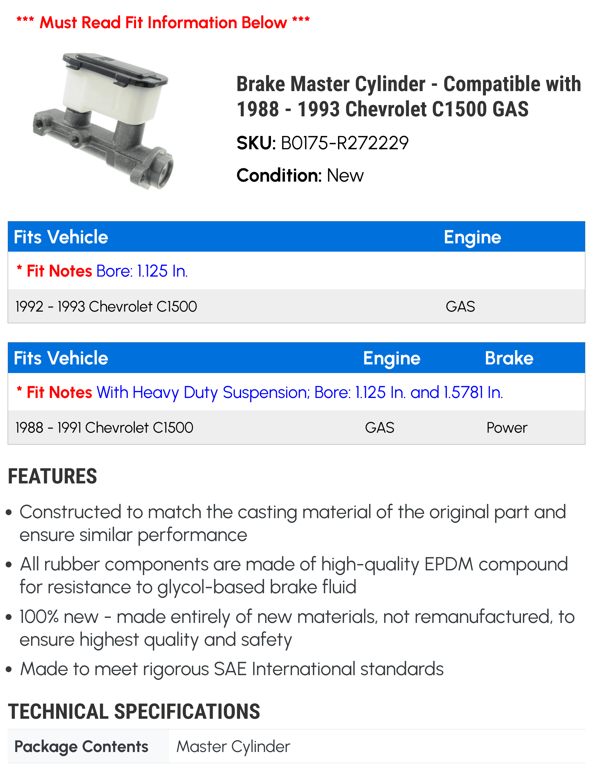 Brake Master Cylinder - Compatible with 1988 - 1993 Chevy C1500 GAS 1989 1990 1991 1992
