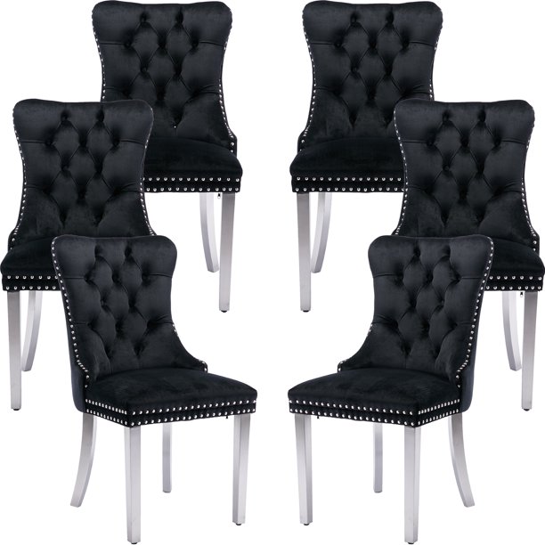Black Velvet Dining Chairs Set of 6, Kitchen & Dining Room Chairs Set