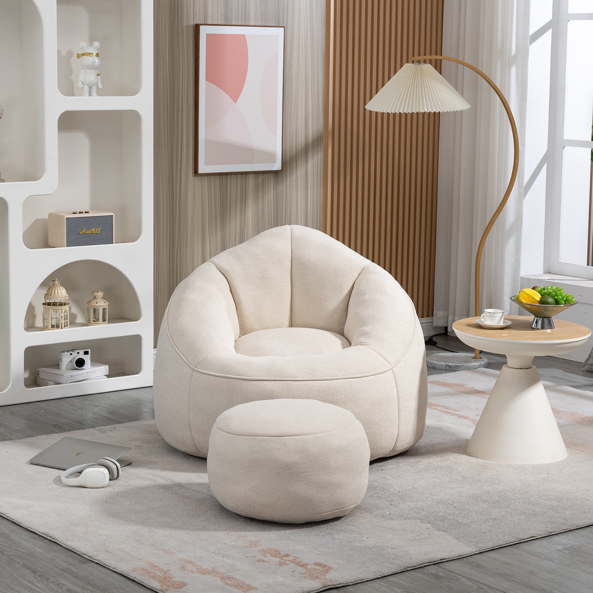 PORKISS Oversized Bean Bag Chair with Ottoman, Memory Foam Super Soft Lazy Couch for Adults Teens Kids, Microfiber Beige