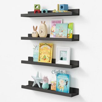 Set Of 2 Solid Ash Wood Floating Shelves - 24 Inch Picture Ledge With Lip, Natural Wood Grain