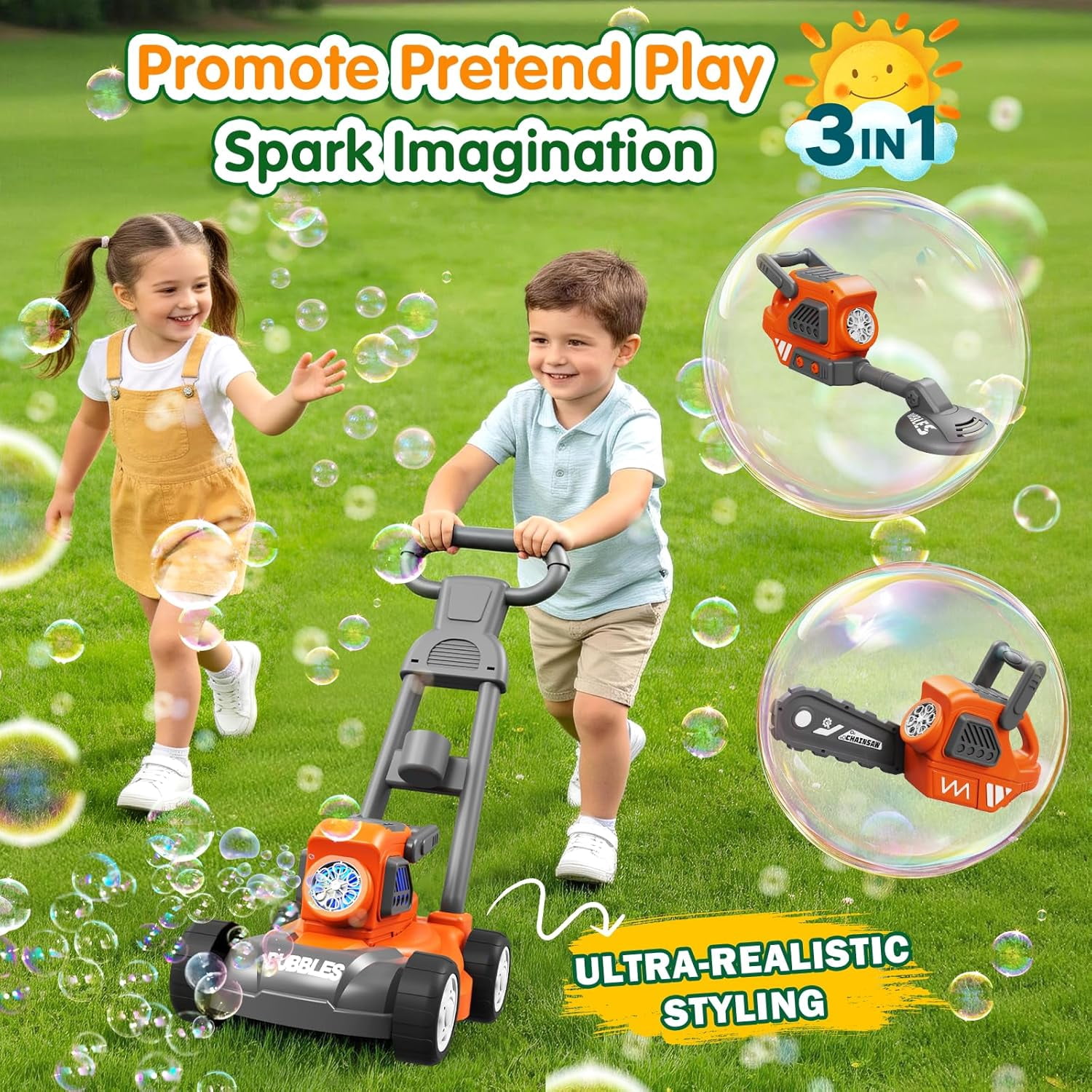Aliex 3-in-1 Bubble Lawn Mower Outdoor Push Toy for Kids Ages 3-8, with 10 Bubble Solutions