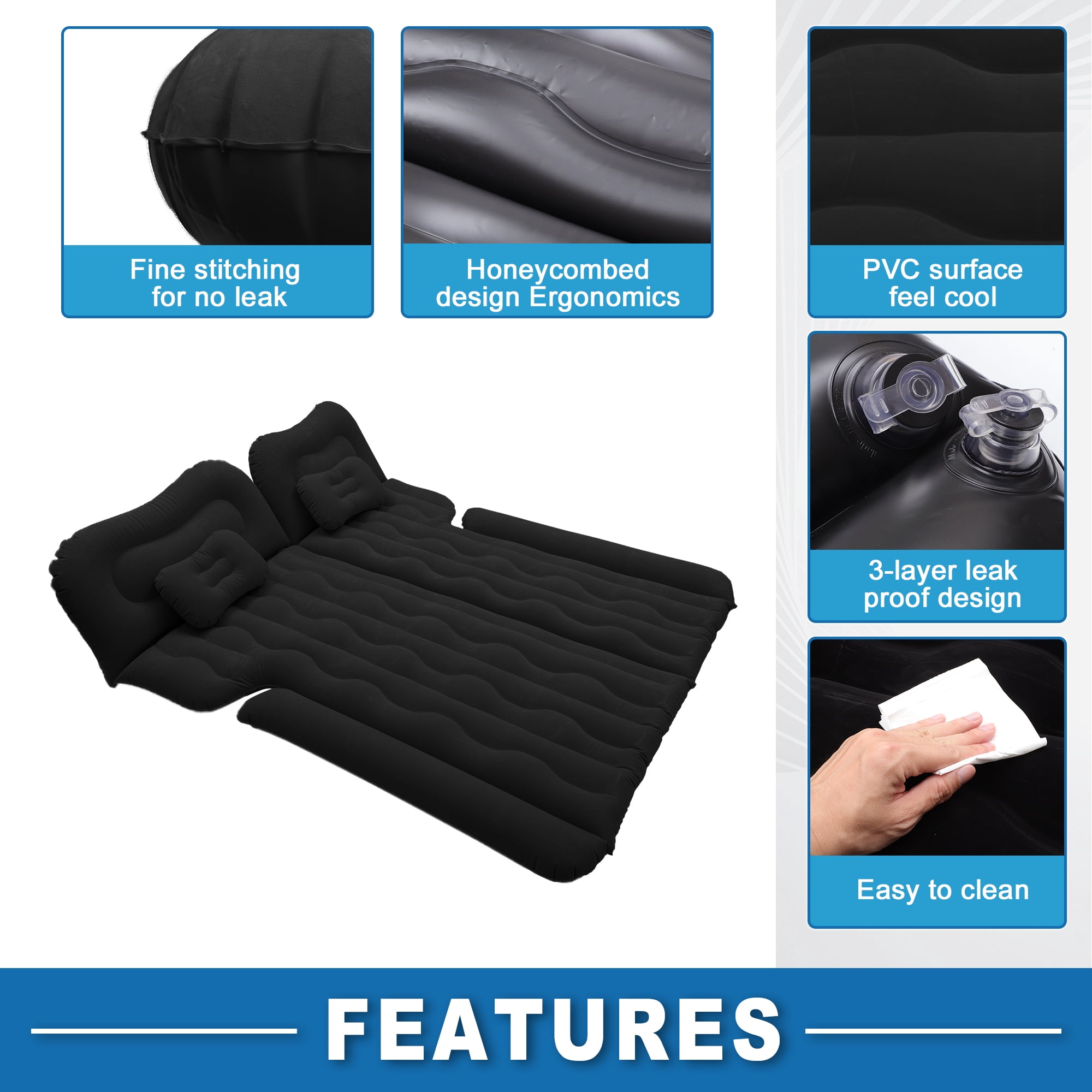 Unique Bargains 1 Set Car Air Mattress Camping Bed Air Bed Mat Sleeping Mat with Air Pump for Car Travel Camping Black
