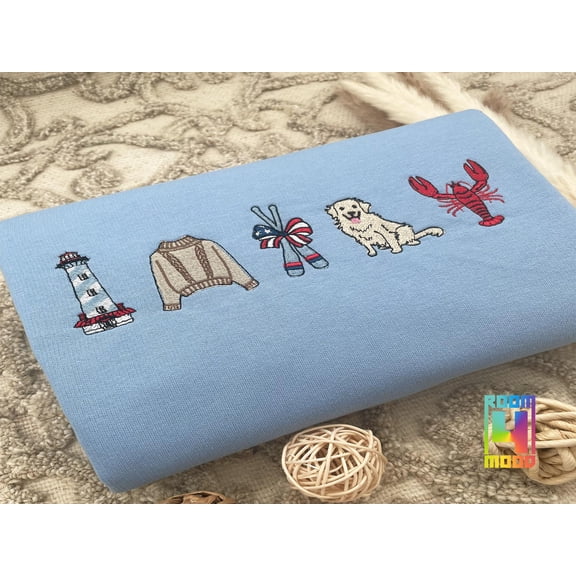East Coast Icon Sweatshirt, Lobster, Lighthouse and Boat Paddles with Golden Labrador, Embroidered. East Coast Boat Sweater, USA flag