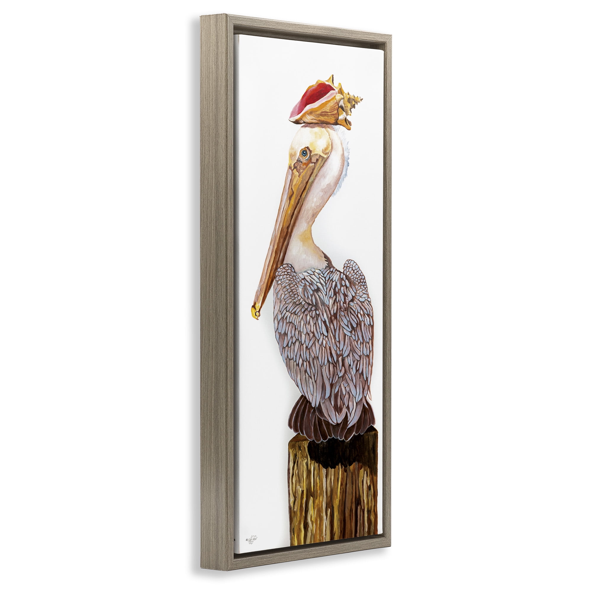 Stupell Industries Nautical Pelican with Sea Shell Animals & Insects Painting Brown Floater Framed Canvas Art Print Wall Art, 15 x 31