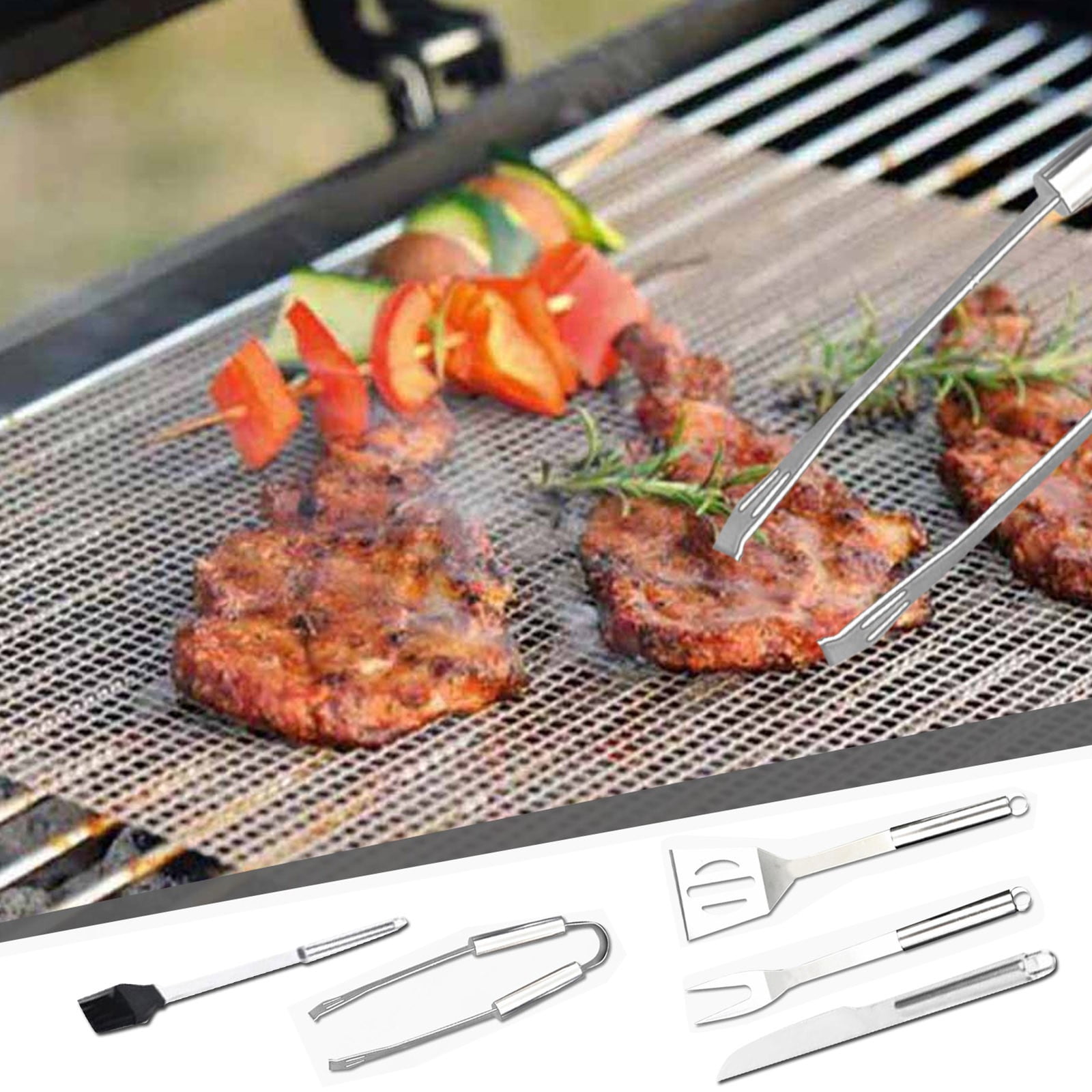 THHEIC 5-Piece Stainless Steel Grill Tools Set with Carry Bag, Includes Fork, Tongs, Brush, and Spatula for BBQ, Grilling, and Outdoor Cooking Activities