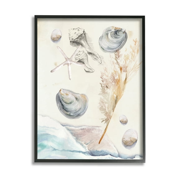 Stupell Beach Shore Splashing Sea Shells Landscape Painting Black Framed Art Print Wall Art