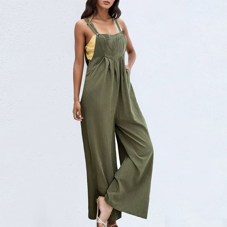 EHQJNJ Flared Jumpsuit Short Sleeve Women's Casual Thick Solid Color Loose  Sleeveless Suspender Button up Jumpsuit Full Body Jumpsuit Tummy Control