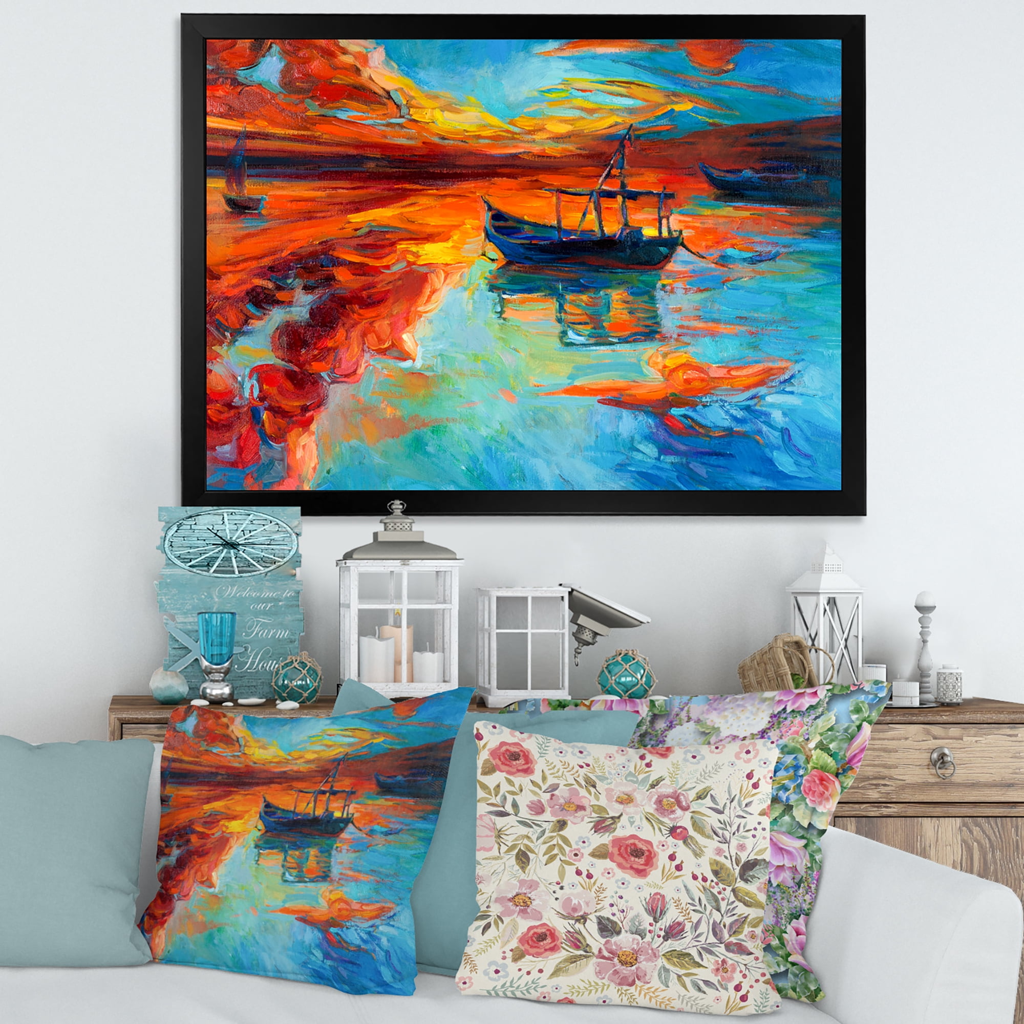 Boat At The Lake During Evening Glow IV 20 in x 12 in Framed Painting Canvas Art Print, by Designart