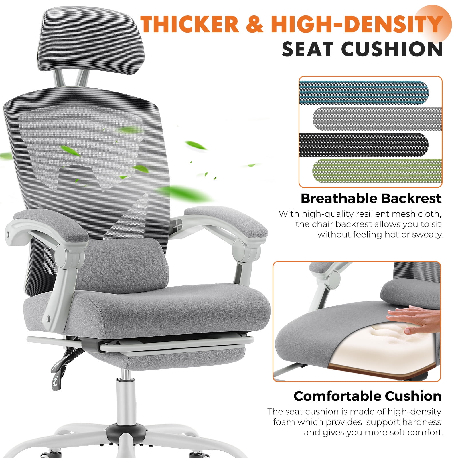 CONCETTA Ergonomic Mesh Office Chair, High Back Swivel Chairs with Adjustable Lumbar Support, Headrest, Footrest, and Armrests, Grey