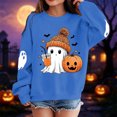 thumbnail image 2 of WAYUTE Girls Sweatshirt Halloween Oversized Cartoon Ghost Print Crewneck Sweatshirt for Kids Long Sleeve Soft Lined Fall Casual Holiday,Blue,Size 1-2 Y, 2 of 5