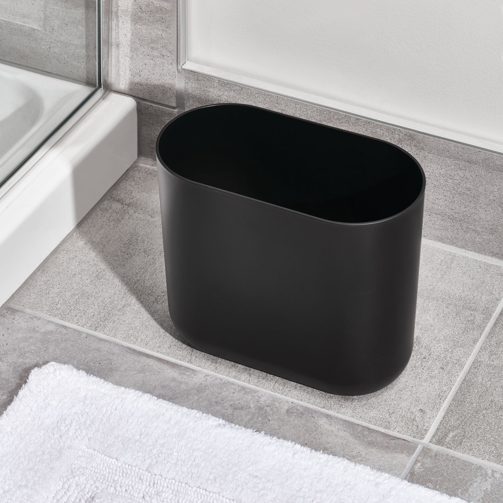 iDesign Oval Bathroom Trash Can, 1.9 Gallon Plastic Open Top Garbage Bin, 2 Pack, Black