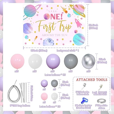First Trip Around The Sun Birthday Party Decorations for Girls 1st Birthday Supplies First Trip Around The Sun Backdrop Space Pink Balloon Arch Kit for Space Themed Baby Shower Party Decor