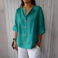 thumbnail image 2 of Olyvenn Linen Tops for Women Summer V Neck 3/4 Length Sleeve Womens Tops with Button Roll-Up Sleeve Casual Loose Fit Blouses Navy XL, 2 of 7