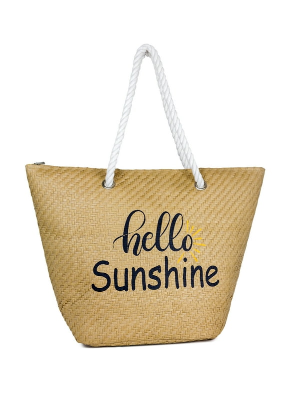 Women's Straw Hello Sunshine Verbiage Beach Tote Bag with Rope Handle