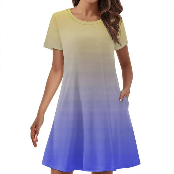 Uaswgudfs 2025 Summer Casual Short Sleeve A-Line Dress for Women - Crew Neck Flared Skirt & Lightweight Fabric for Everyday Blue L