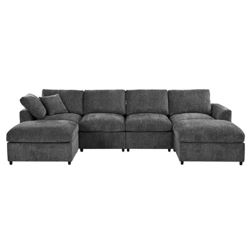 130.3" 6-Seater U-Shaped Modular Sectional Sofa, Chenille Upholstered Couch with 2 Movable Ottomans, Deep Seat Modern Sofa with Solid Wood Frame, Accent Pillow for Living Room