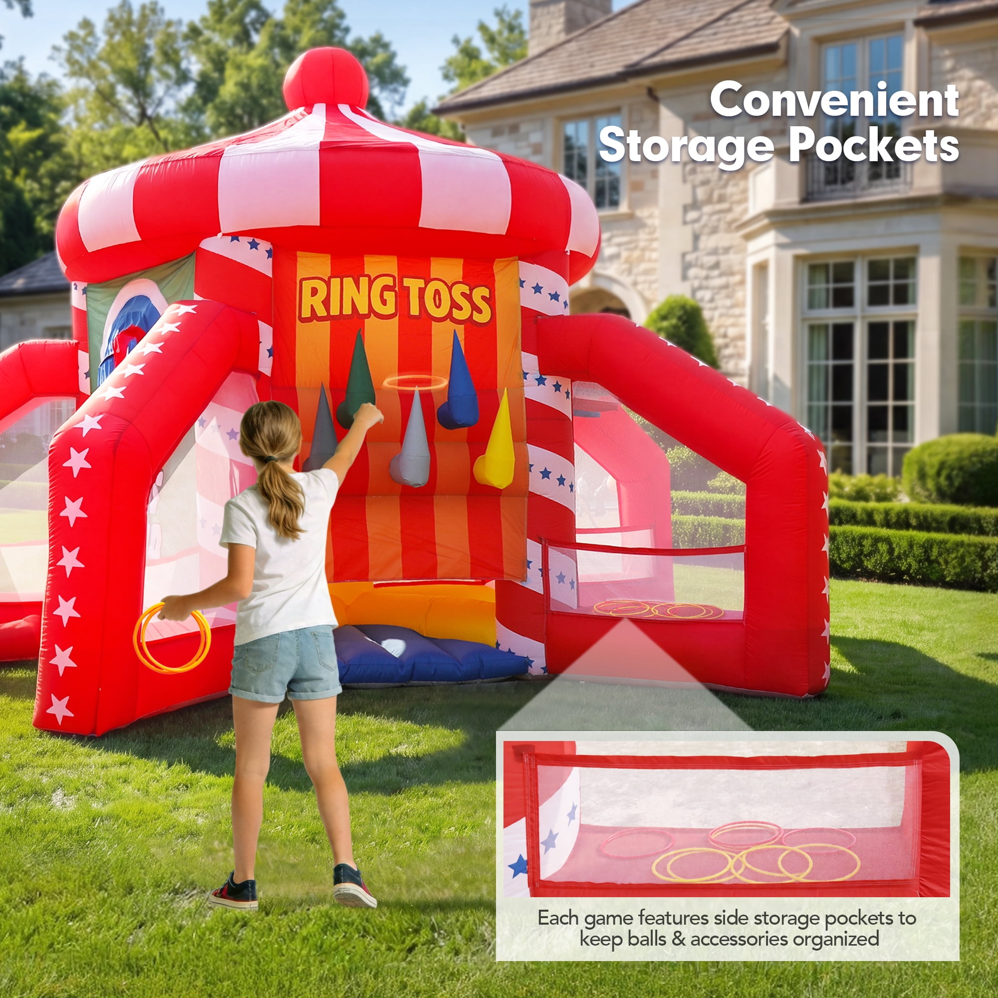 Wellcomer Inflatable 5in1 Carnival Game, Portable Baseball Toss, Basketball Hoop, Dart Board, Ring Toss