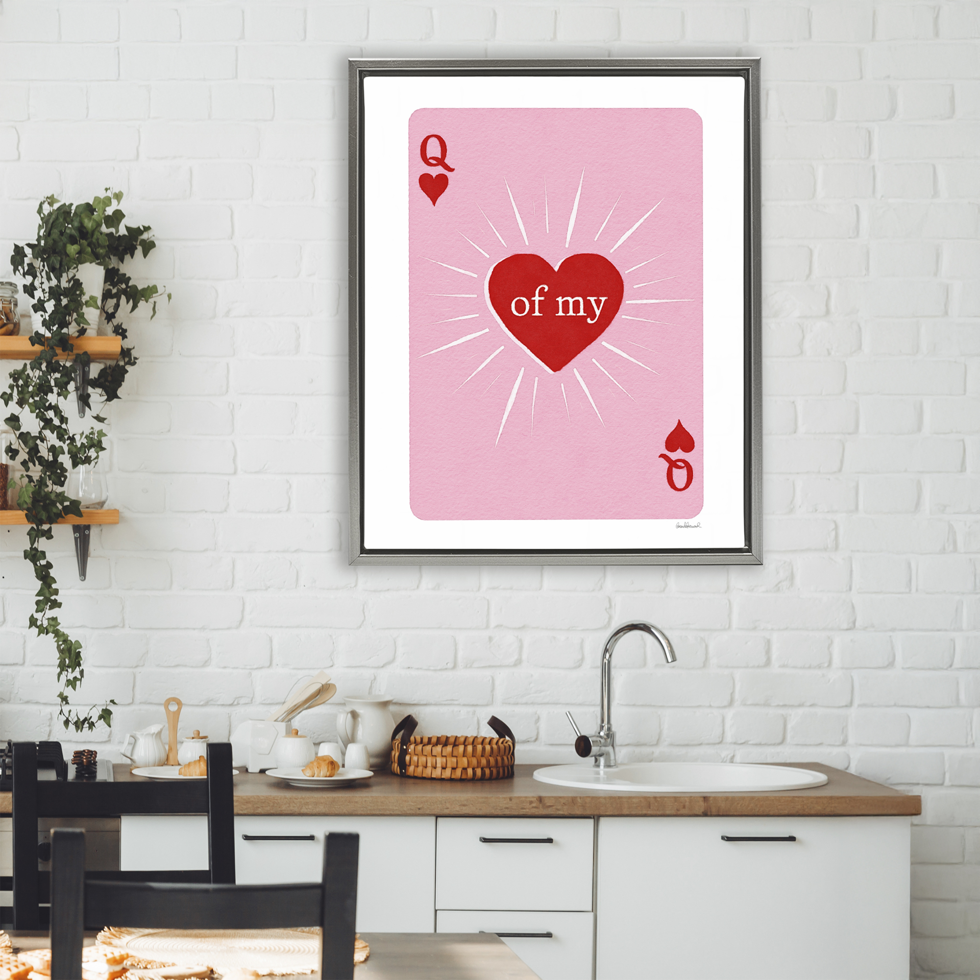 Queen Of My Heart Card Gray Framed Floater Canvas Wall Art, design by Amanda Greenwood