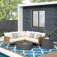 thumbnail image 5 of GDF Studio The Crowne Collection Outdoor Acacia Wood and Round Wicker 5 Seater Sectional Sofa Chat Set with Fire Pit, Teak, Mixed Brown, Beige, and Dark Gray, 5 of 13