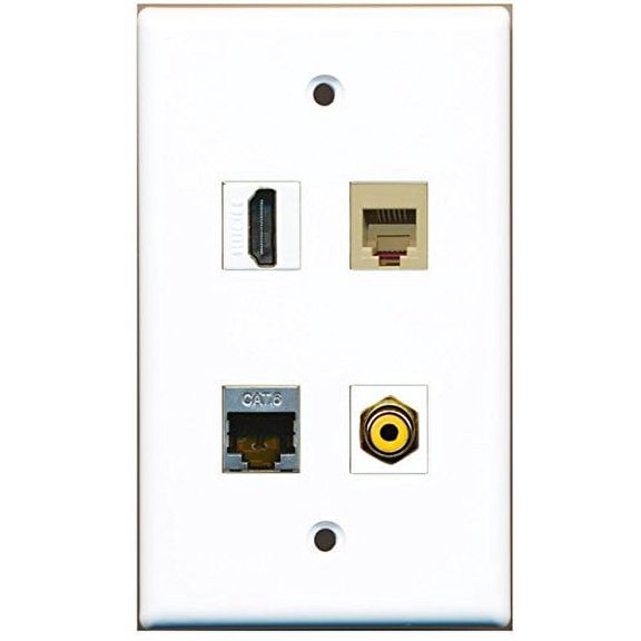 RiteAV - 1 Port HDMI 1 Port RCA Yellow 1 Port Phone RJ11 RJ12 Beige 1 Port Shielded Cat6 Ethernet Wall Plate